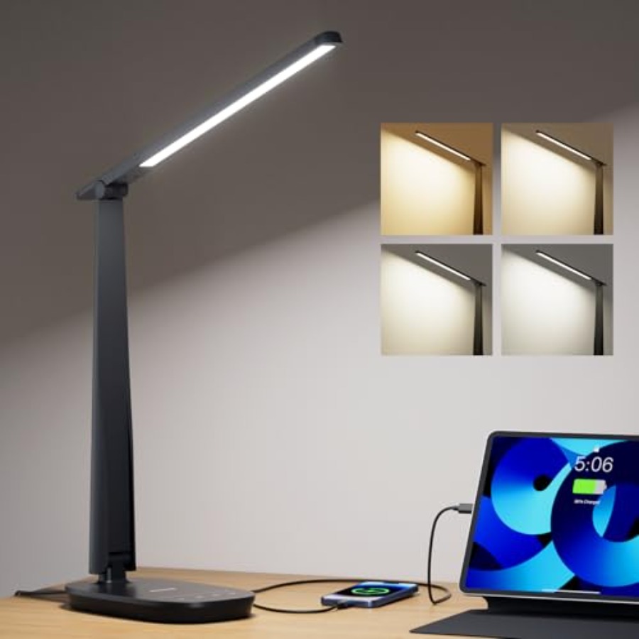 Home Office Desk - ホームオフィス用LEDデスクランプ、目に優しい調光可能な読書灯、4色モード、タッチコントロール、USB-AおよびUSB-C充電ポート付き