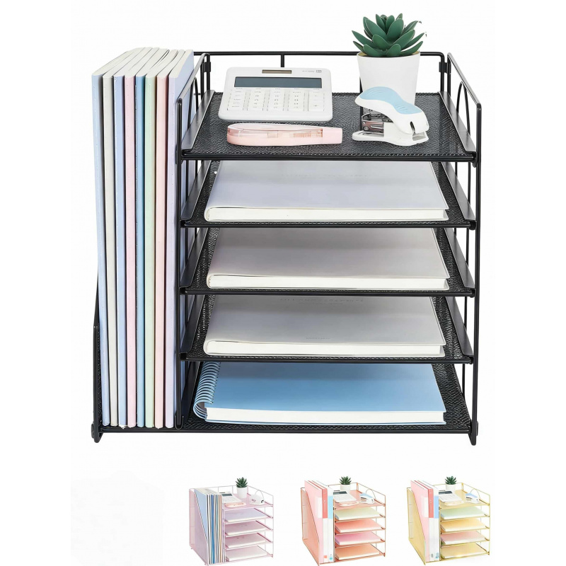 Letter Tray Desk - 5段多層ファイルラックオフィスデスクトップドキュメントオーガナイザー収納ボックスファイルホルダーアーカイブラック必須オフィス用品