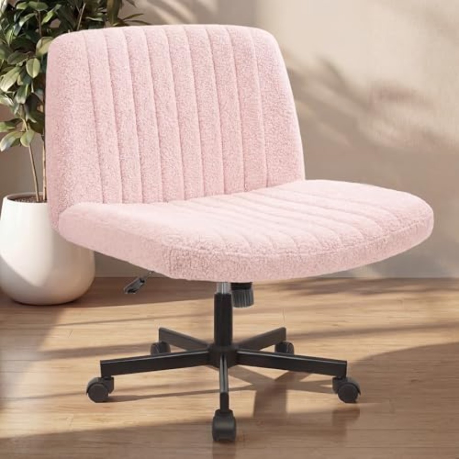 Home Office Desk - ホイール付きクリスクロスチェア ホームオフィス用クロスレッグアームレスチェア 調節可能なコンピューターデスク 広い座面 寝室用化粧台用
