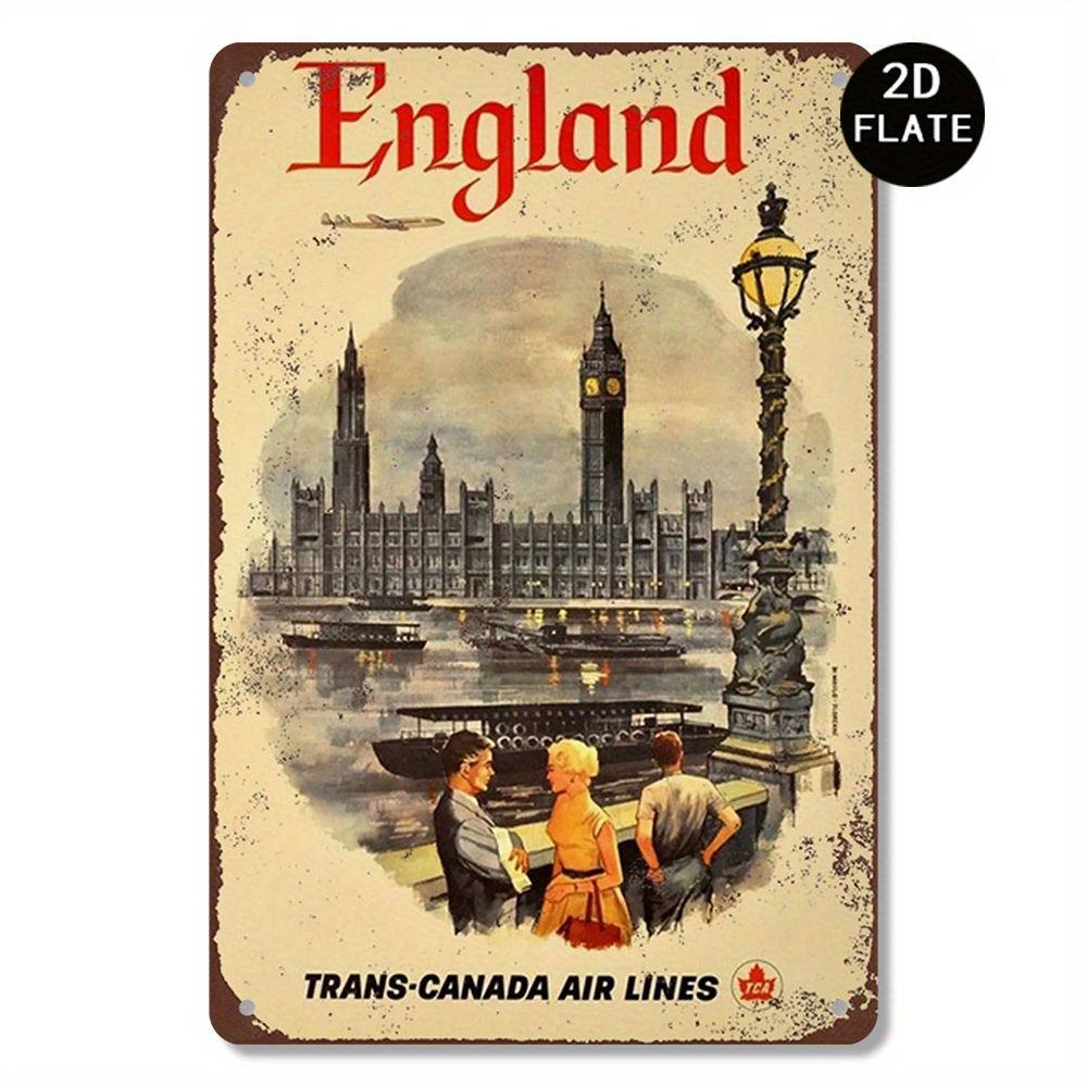 Home Office England - ヴィンテージスタイルのイギリス旅行メタルウォールアート - 象徴的なランドマークとシンボルをあしらった耐久性のある鉄製サイン、自宅やオフィスに最適