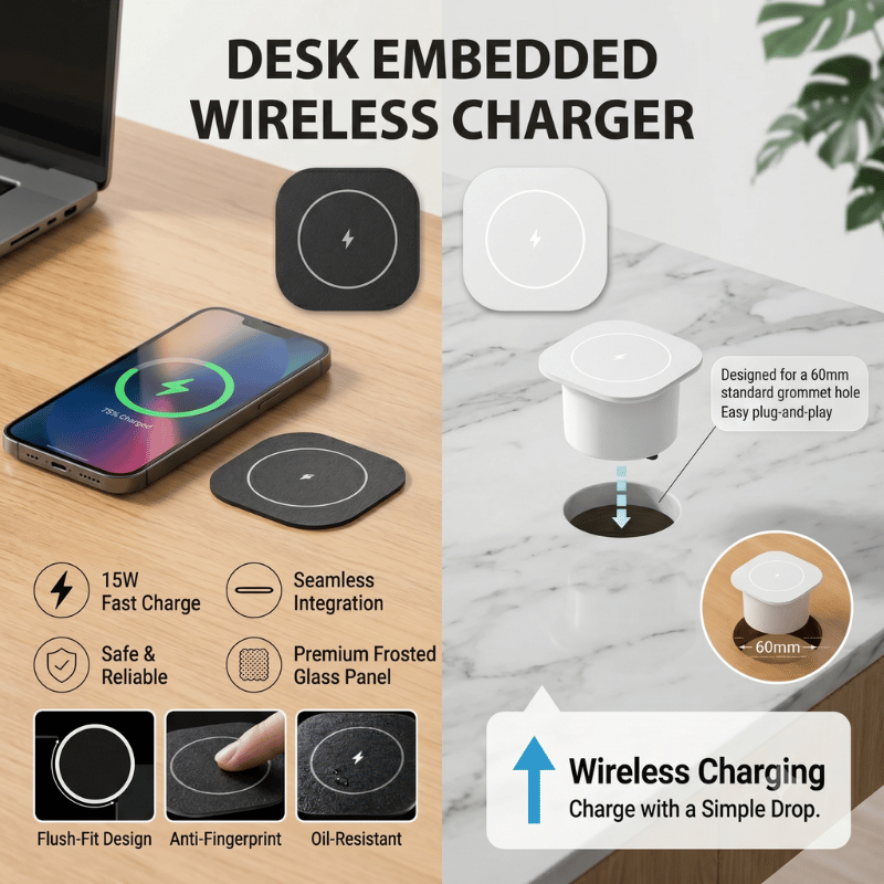 Home Office Uk - 15W内蔵ワイヤレス充電器埋め込み式デスクトップ充電ステーション ブラック ホワイト US EU UKプラグ